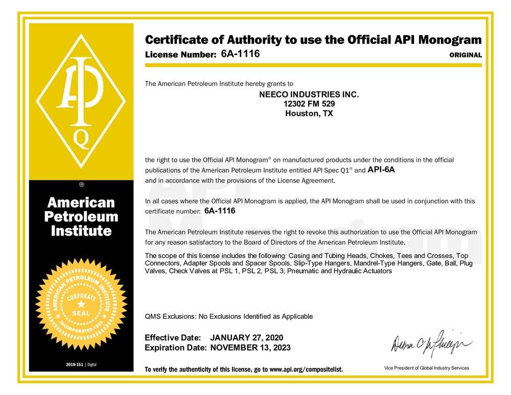 Certificate of Authority to use the Official API Monogram 6a-1116